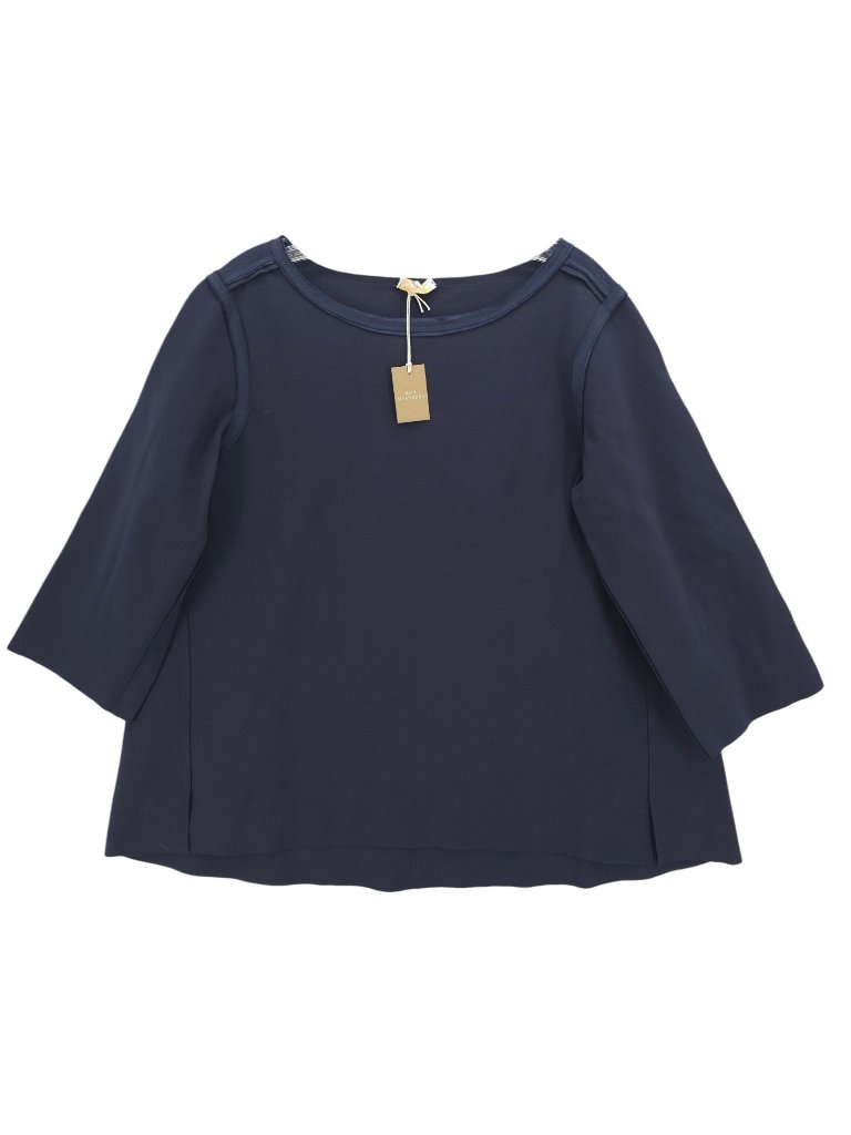 Nwt Ann Mashburn Navy Blue Ponte Knit Top Raw Edge Hi Low Stretch Size Large